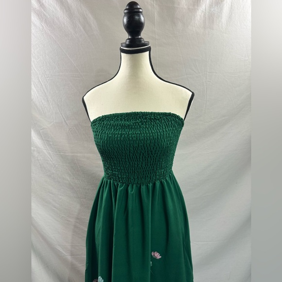 Floral Print Strapless Shirred A-Line Dress Green - Picture 6 of 8